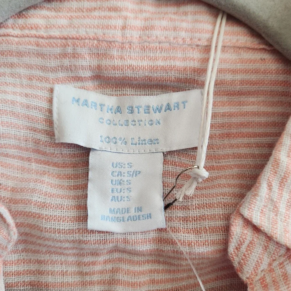 Martha Stewart 100% Linen Button-Front Tunic Top Pinstripe Pink White Small NWT
